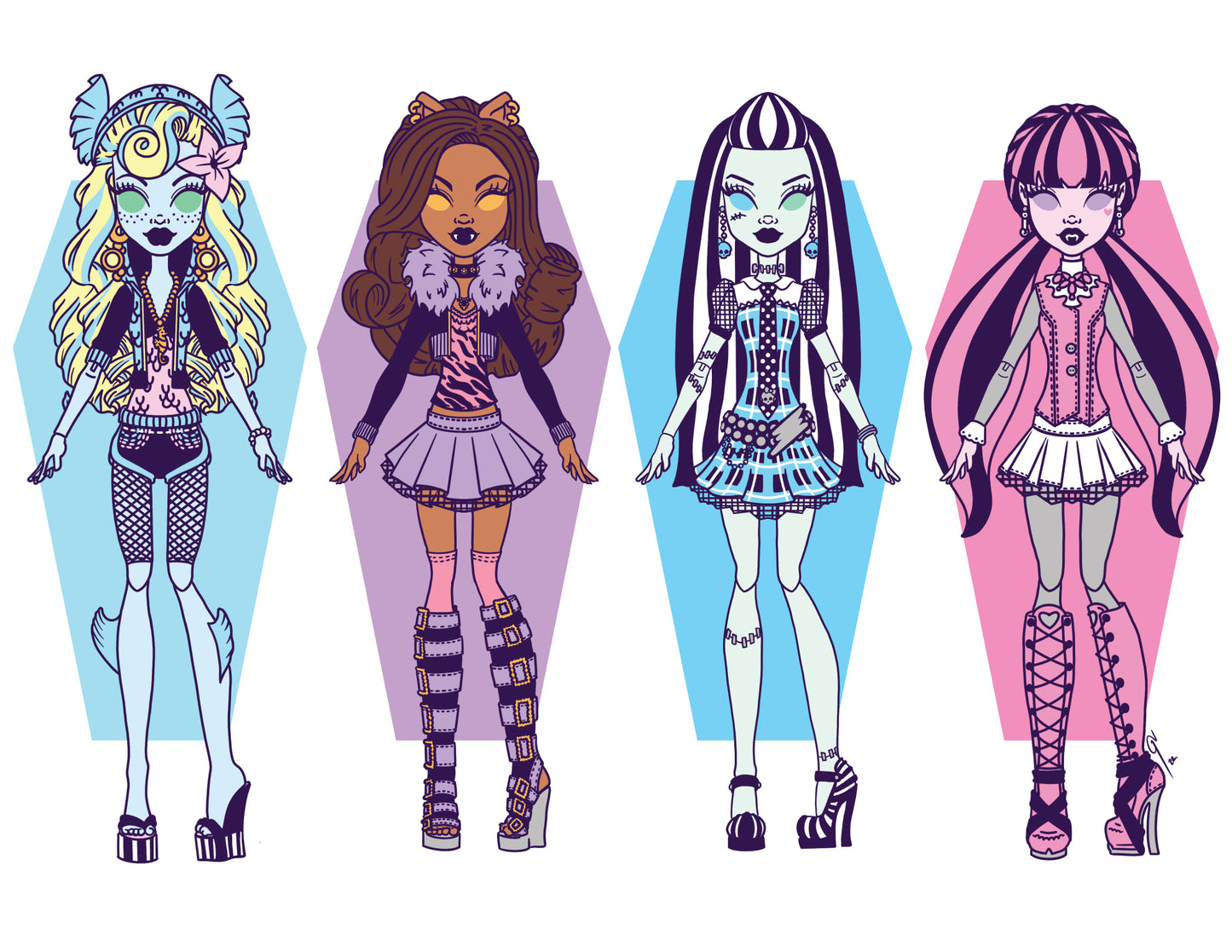 4 Teen Monster Ghoulfriends Dolls 6x9 Print