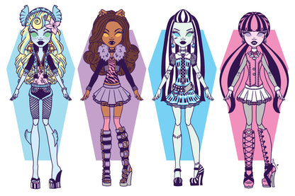 4 Teen Monster Ghoulfriends Dolls 6x9 Print